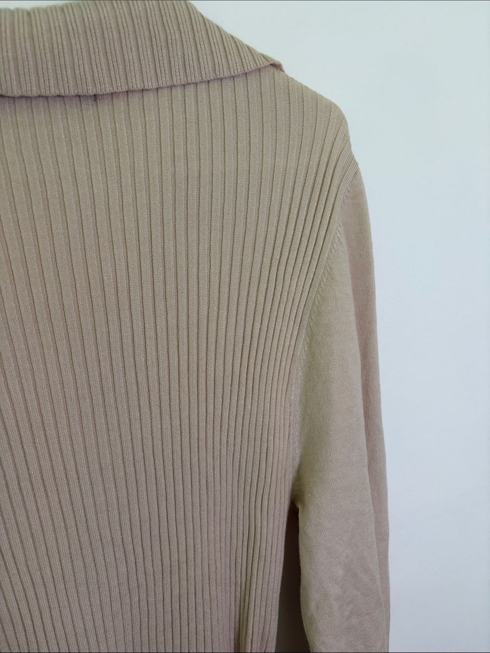 Ribbed V-Neck Belted Long Sleeve Dress in Beige - Picture 6 of 9